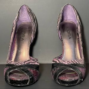 Purple and black peep toe heels